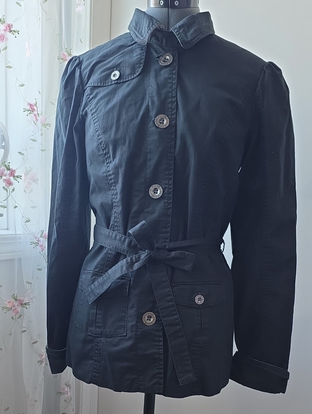 Black Women's Belted Button-Front Fox Jacket
